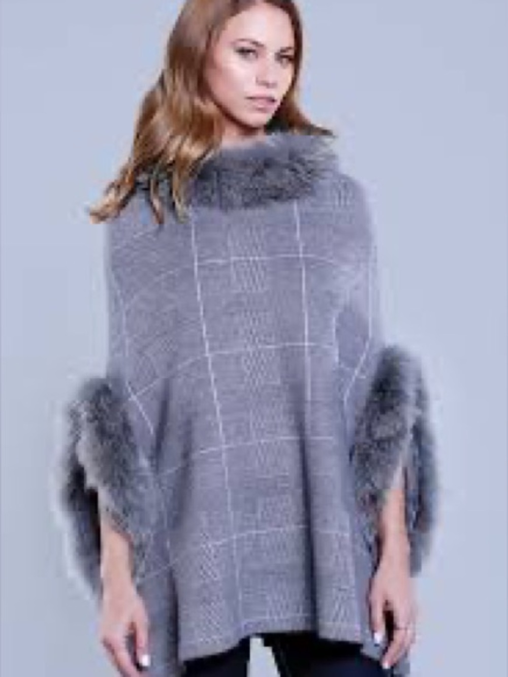 100% real fox fur gray plaid poncho one size fits all gossip girl Y2K style